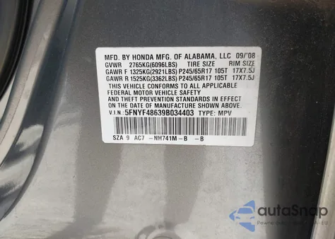 2009 Honda Pilot Ex-L z USA, uszkodzony, nr VIN 5FNYF48639B034403